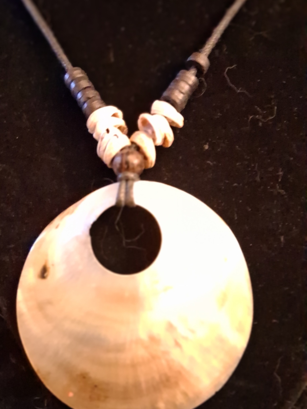Handcrafted Shell Disc Pendant Necklace - Ivory on Black Cord